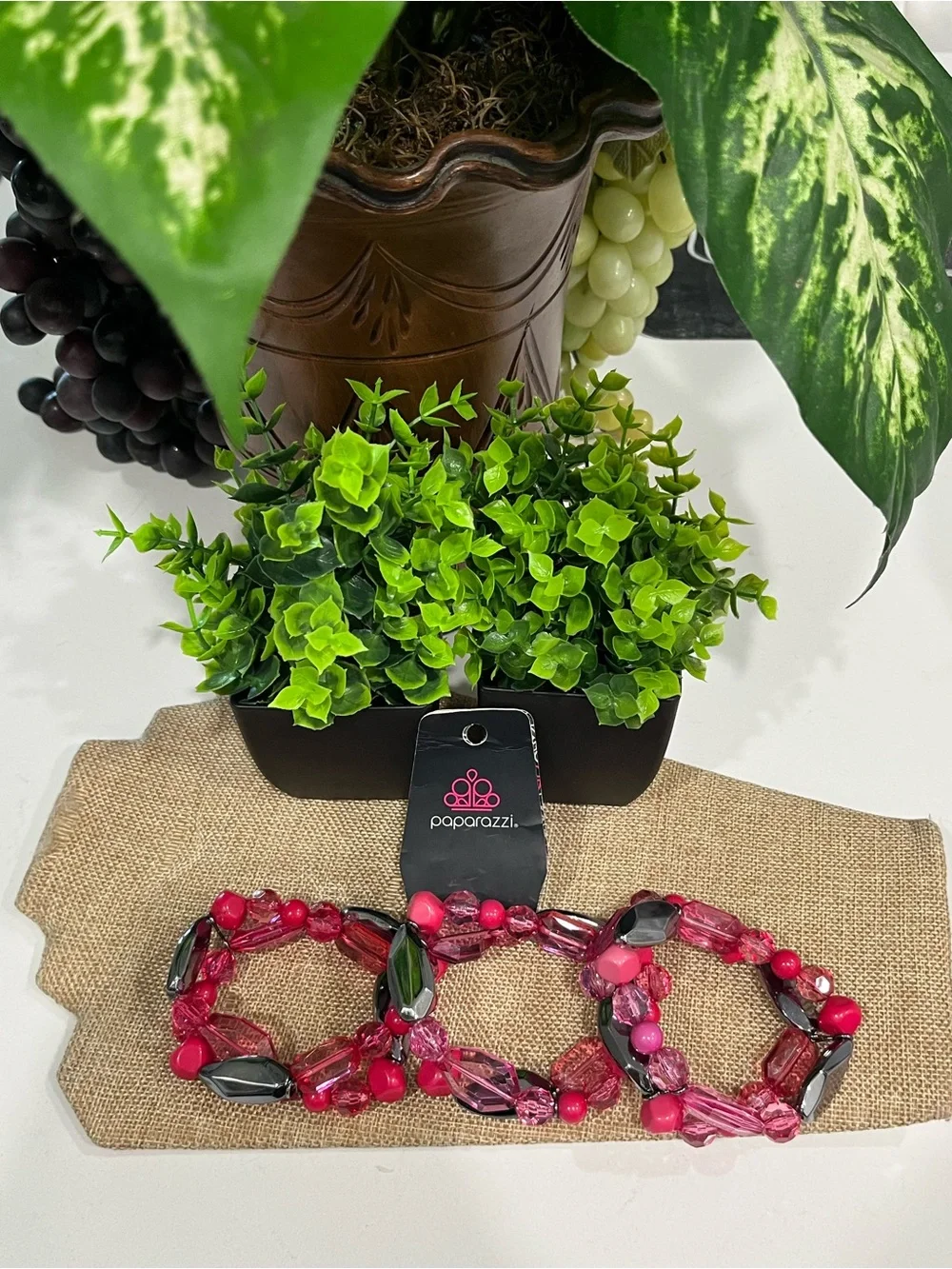 Bundle of 3-paparazzi Pink & Black Mixed Bead Stretch Bracelet Set